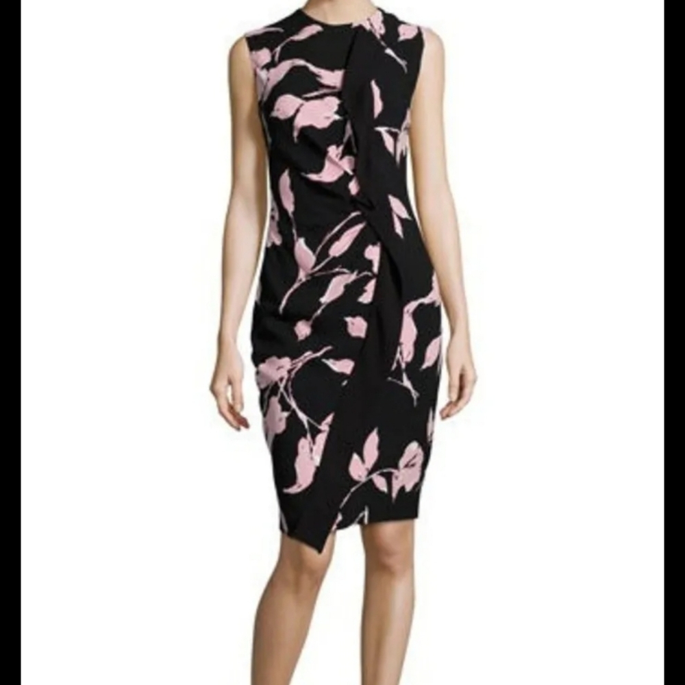 ESCADA sleeveless french rose print sheath ruffle dress